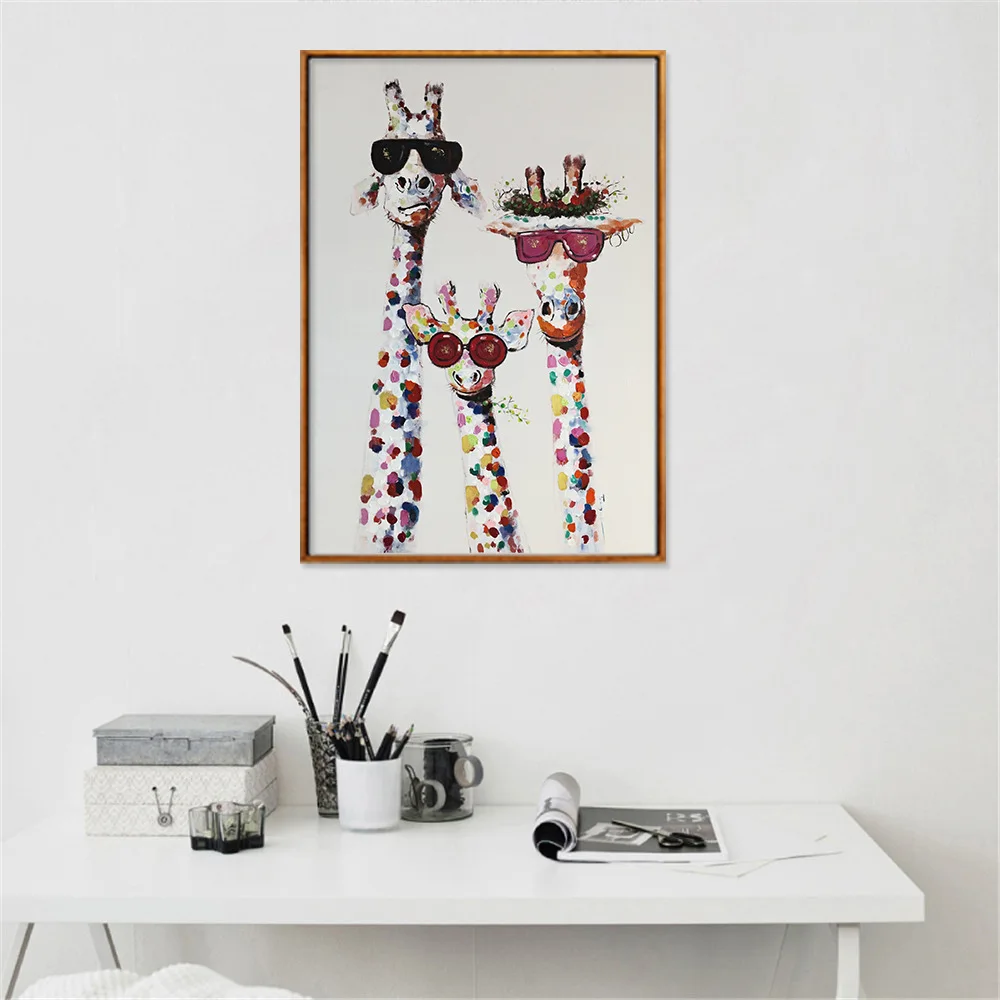 Абстрактное искусство красочное масло жираф семья с очками картина холст печать