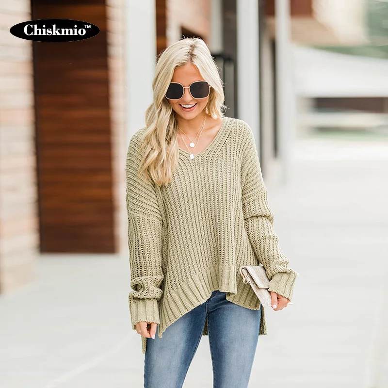 Женский свитер с V-образным вырезом Chiskmio свободные вязаные топы джемпер Боковым