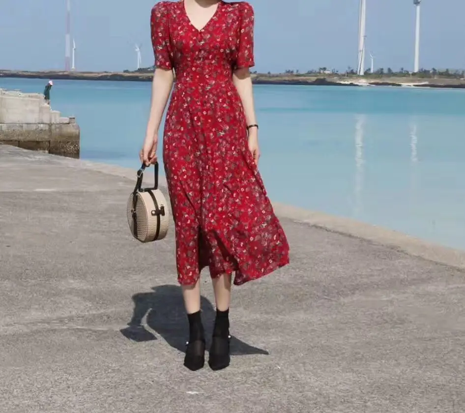 

Vintage Dresses Red Hot Woman Fashion Korean Style Design Slim A Line Temperament Lady Chiffon Floral Print Dress Long 610