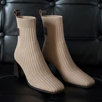 winter women boots square toe thick heel knitted stretch socks boots fashion solid womens shoes boots for woman