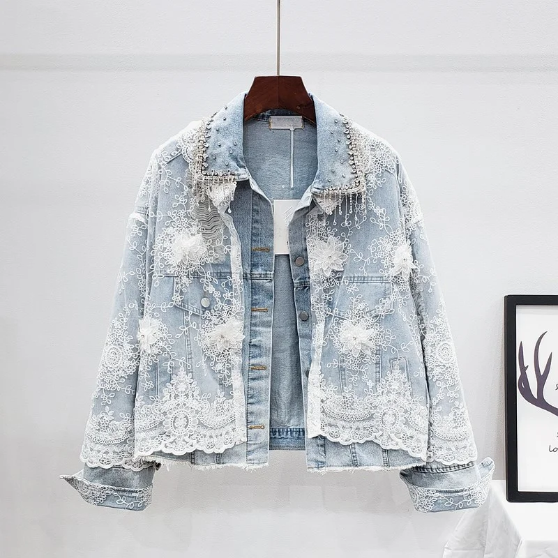 

Streetwear style Lace Patchwork Denim Jacket For Women Fashion Stitching Diamond Tassel Jeans Jacket Coat Female Loose Outerwear