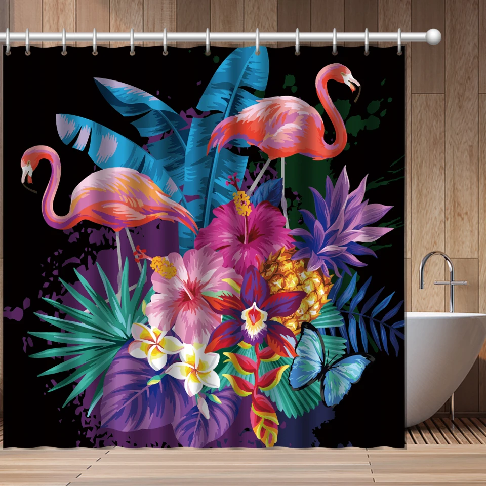 

Cartoon Flamingo Shower Curtain Waterproof Bathroom Curtain Tropical Plant Home Decor Polyester Fabric Color Curtain