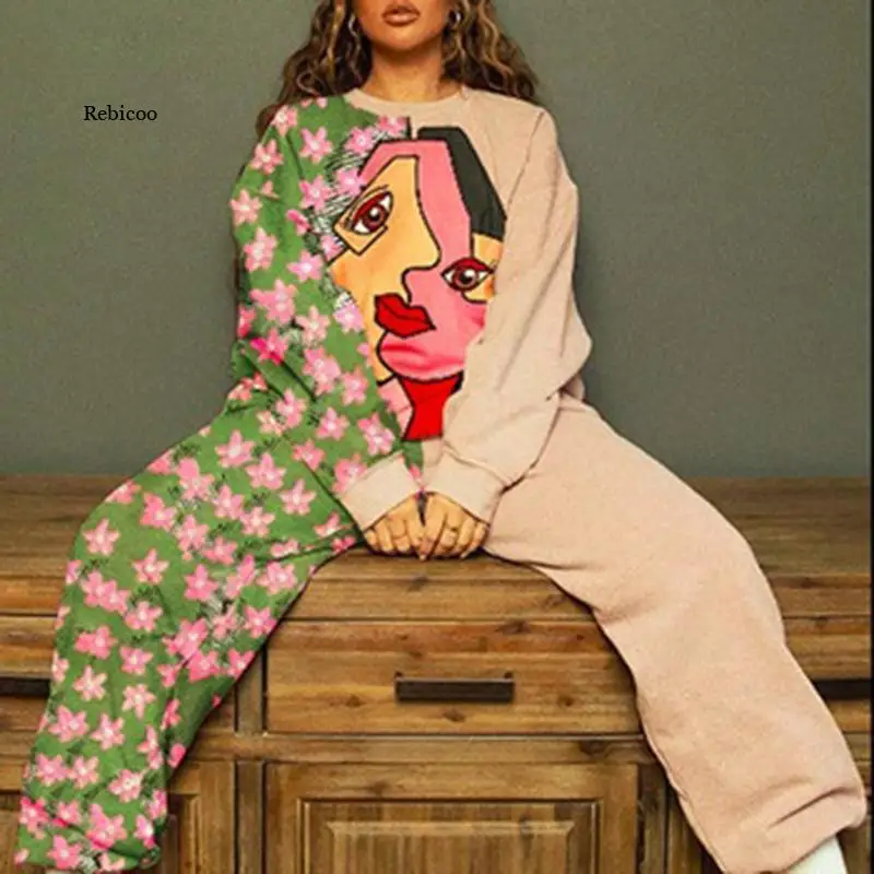 

Комплект Спортивный женский из 2 предметов, с абстрактным принтом, с круглым вырезом и свободными штанами, Осень-зима