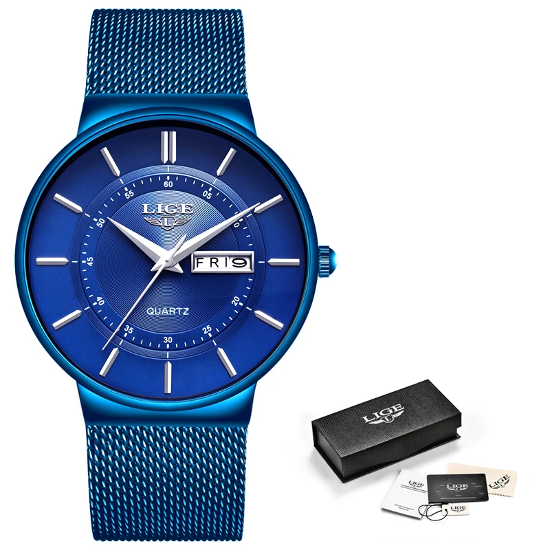 Часы LIGE мужские синие кварцевые водонепроницаемые | Наручные часы