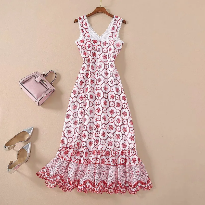 

Top Quality New 2020 Summer Long Dress Women V-Neck Allover Luxurious Embroidery Sleeveless Long Cotton Maxi Dress Beautiful