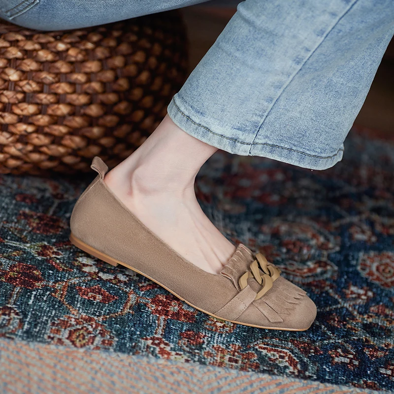 

Women suede Leather Fringe Flats Chunky low Heel ladies Shoes Chain Decor Elegant Spring Summer Casual girl's Shoes
