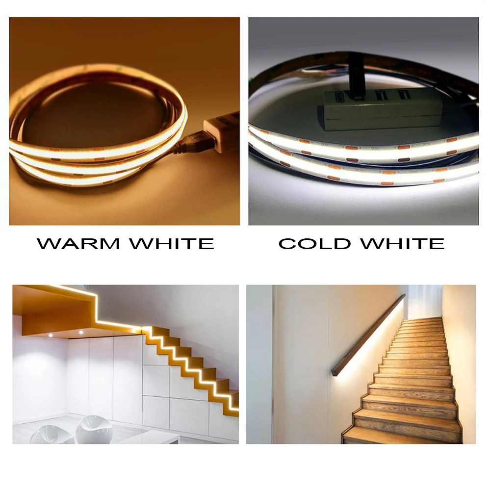 

5V USB LED COB Strip High Density 5m 320LED/m Flexible Tape Light Bar Linear Lighting Warm Natural Cold White Red Blue Green