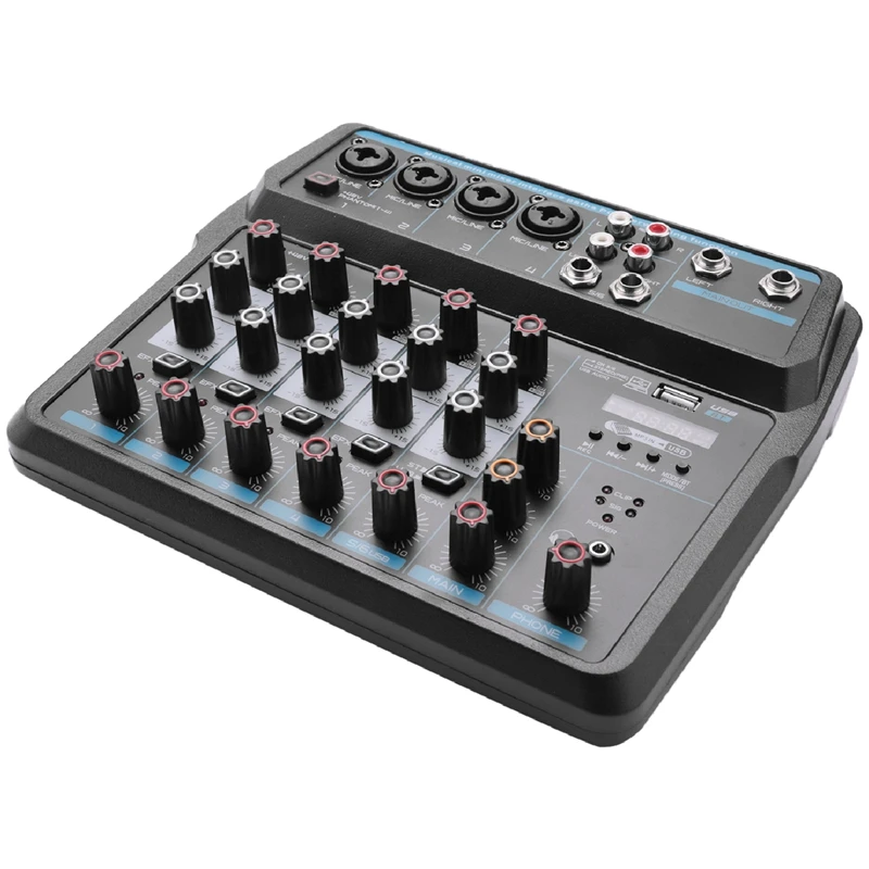 

M-6 Portable Mini Mixer Audio DJ Console with Sound Card, USB, 48V Phantom Power for PC Recording Singing Webcast Party(US Plug)