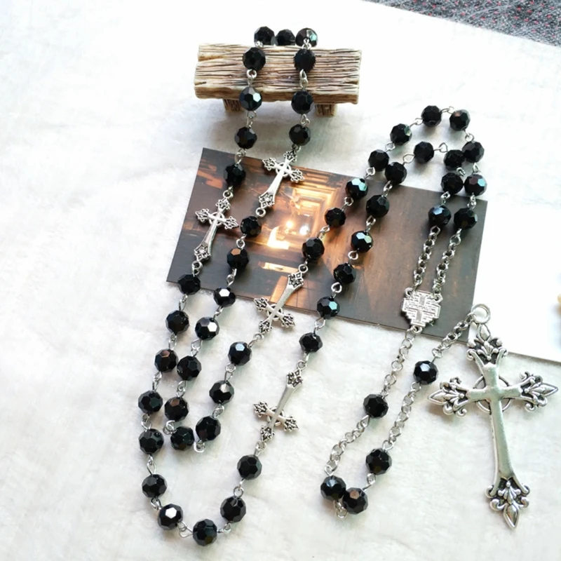 Религиозные ювелирные изделия - длинное ожерелье из черных кристаллов с творческим винтажным крестом, изготовленное из прочного сплава, подарок для подростковых девушек.