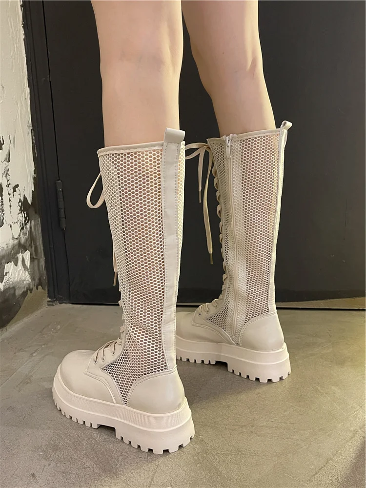 

2021 new summer breathable thin boots women's British style high thick soled Knight boots mesh hollow boots
