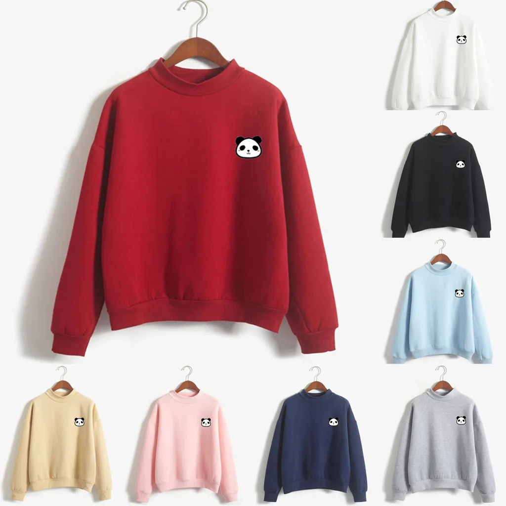 Женская толстовка осень зима круглый вырез сплошной цвет панда узор длинный