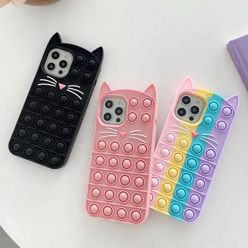 

Relive Stress Phone Case For iPhone 12 11 Pro X XR XS Max 12 mini 6 7 8 Plus SE 2 Pop Fidget Toys Push Cat Soft Silicon Case