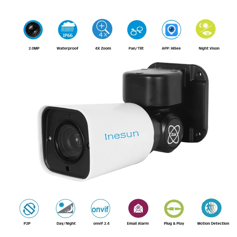 Inesun Мини Открытый PoE PTZ IP камера безопасности 2MP HD 1080P 4X оптический зум PTZ камера IP66 водонепроницаемый 120ft ИК ночного видения