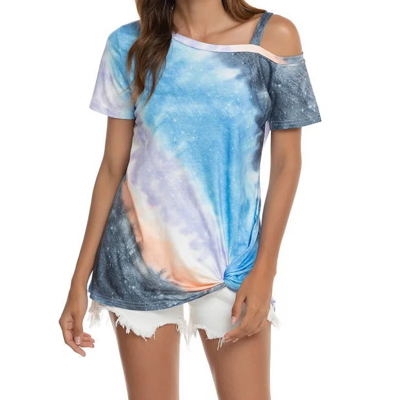 

T-shirt Ladies Fashion Casual Tie-dyed Printed Short Sleeved Off-the-shoulder T-shirt 2021 Oversize Style Cotton Skin-friendly
