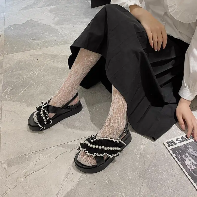 

2021 Summer Sandals Women Pearl Plaid Buckle Strap String Bead Flat Platform Shoes Sweet Beach Sandalias Mujer Flip Flops Sandal