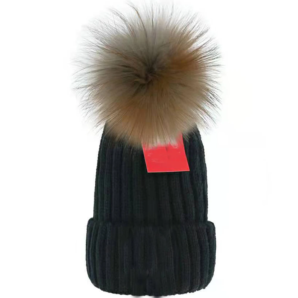 

2021 Cheap Wholesale beanie New Winter caps Knitted Hats Women bonnet Thicken Beanies Raccoon Fur Pompoms Warm Girl Caps pompon