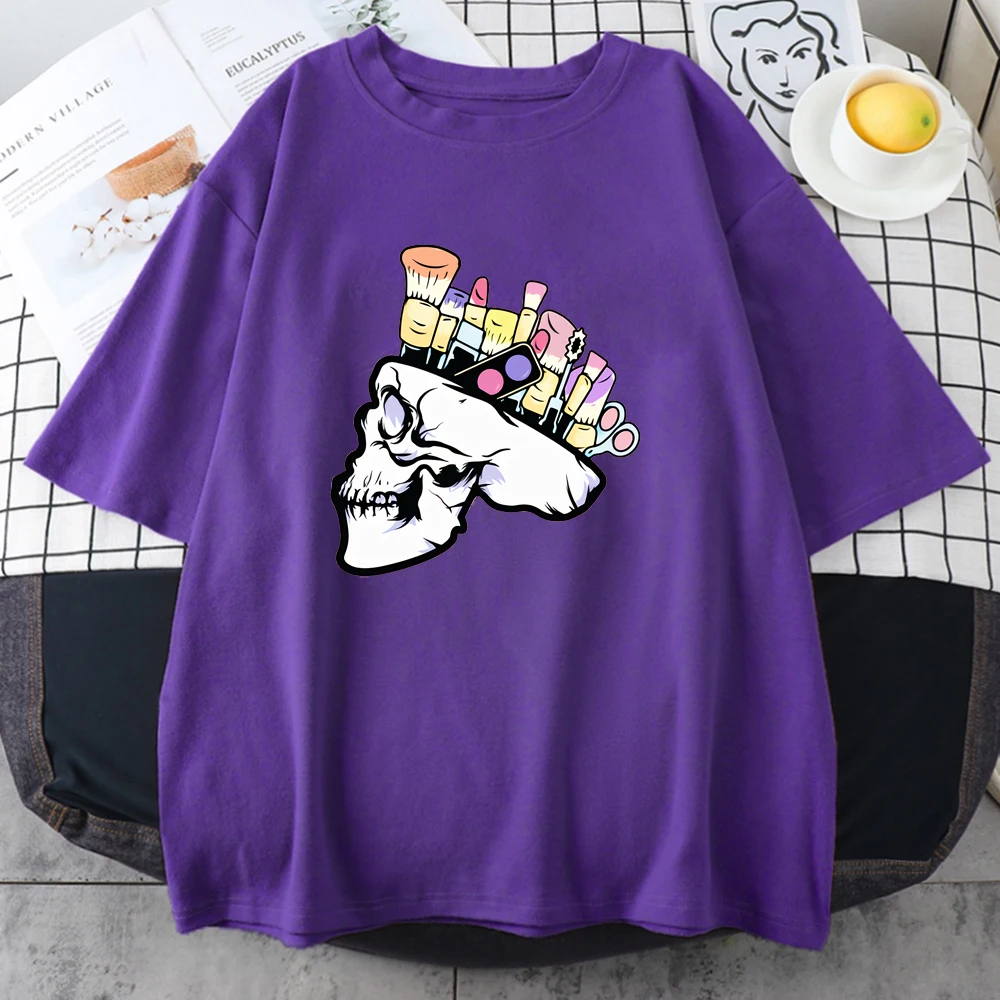 

Женская футболка с принтом в виде черепа, круглым вырезом и коротким рукавом