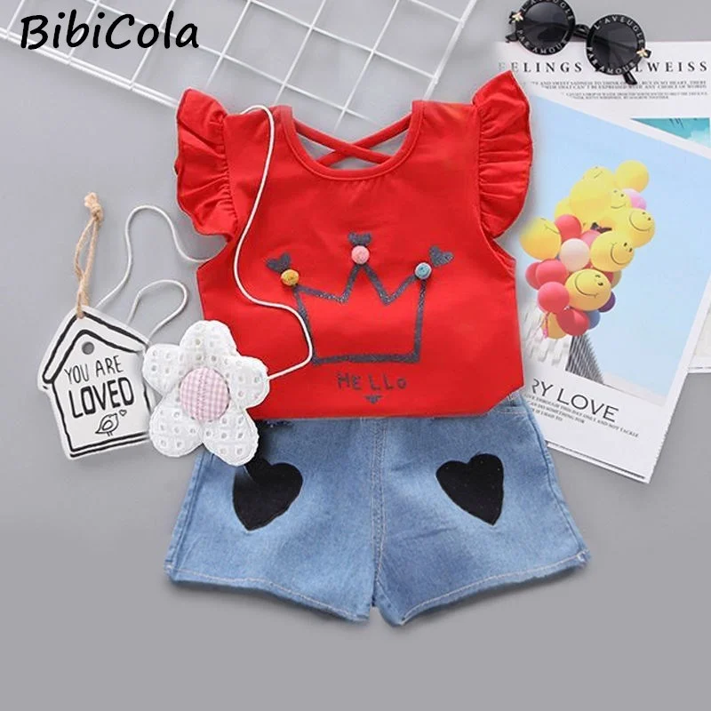 

Little Girls Party Outfits Children Summer Set Kids Girls Jogging Clothes Fashion Cotton T-shirt+denim Shorts 2pcs For 1-4Y