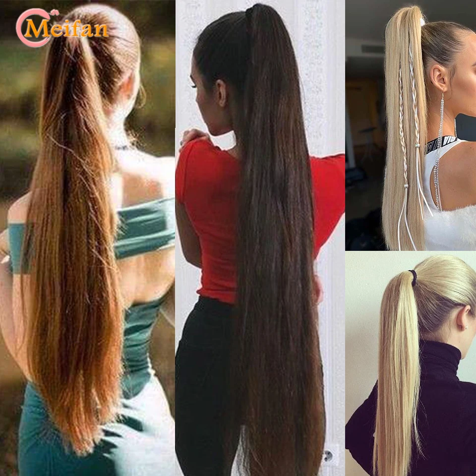 MEIFAN Synthetic 32inch Super Long Straight Clip in Hair Tail Natural False Hair Pieces Ponytail Extension for Women