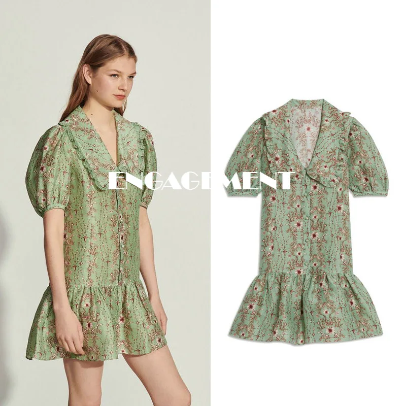 

ENGAGEMENT 2021 Women's Romantic Print Lapel Dress Women's Bubble Sleeve Short Sleeve V-neck Short Skirt