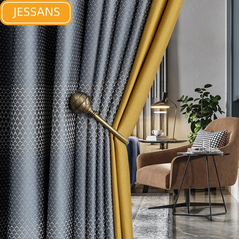 

Nordic High-end Simulation Silk Curtains Jacquard Geometric Texture Shading Curtains for Living Room Bedroom Finished Product