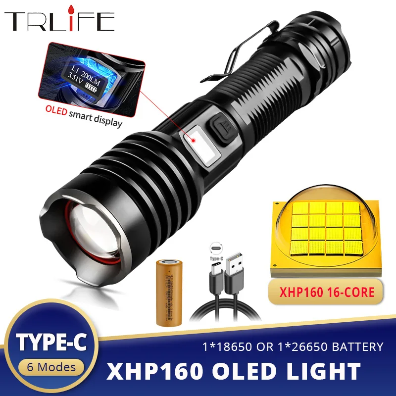 

Powerful XHP160 16-Core LED Flashlight Waterproof Torch with OLED Smart Display Zoom USB Lantern for Camping Cycling Partrol edc
