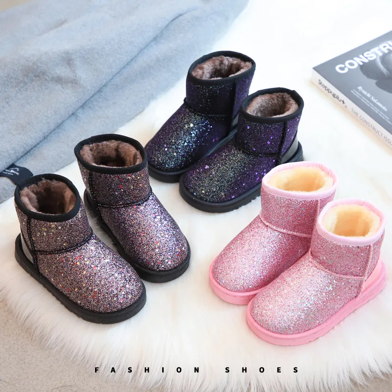 

2021 Slip On Snow Boots Furry Plush Girls Ankle Boots Fashion Princess Bling Short Boot Children Glitter Platform Shoes E08154