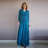 new gorgeous teal blue lace two pieces mother of the bride dresses with jacket jewel neck wedding guest gowns full length