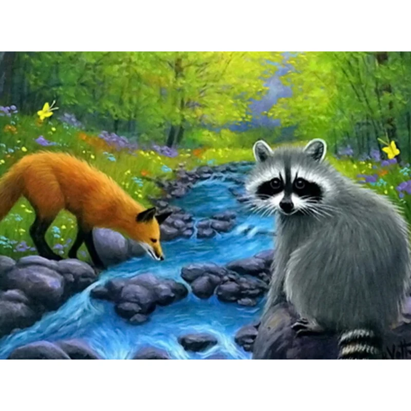 

5d Square Drill Diamond Painting Kits Raccoon And Fox By The Creek Paint By Diamond Embroidery Hotel Decorative Wall Art