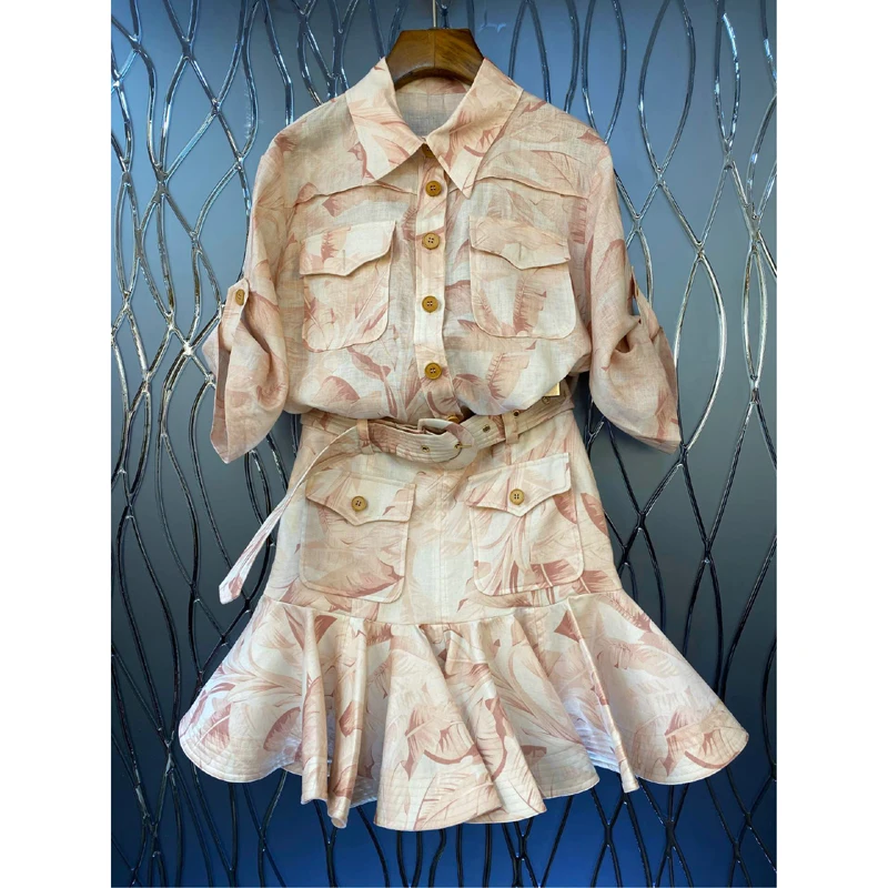 

2021 Summer Korean Fashion Printed Skirt Suit Women Short Sleeve Pocket Thin Shirt+High Waist Pleated Mini Skirt Two-Piece Sets