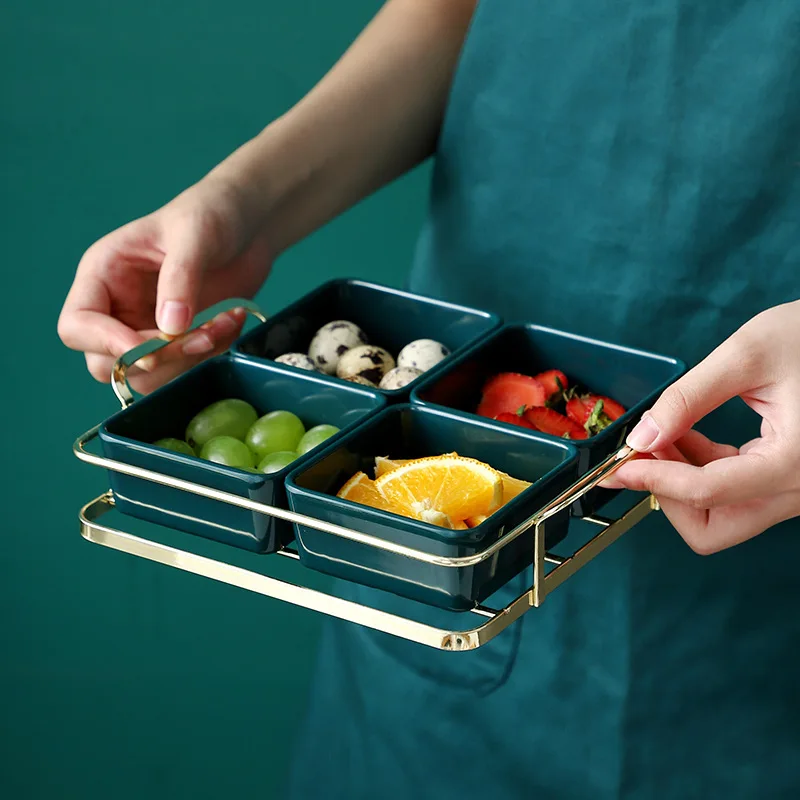 

Imitation Ceramic Fruit Plate Plastic Shatterproof Fruit Bowl Snack Snacks Platter Dried Fruit Dessert Dish Grid with Tray Set