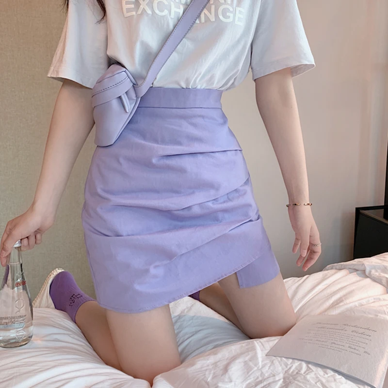 Pleated Bodycorn Pencil Skirts Women Purple High Waist Sexy Skinny Korean Summer Mini Skirt Zipper Short Vintage W918 | Женская одежда