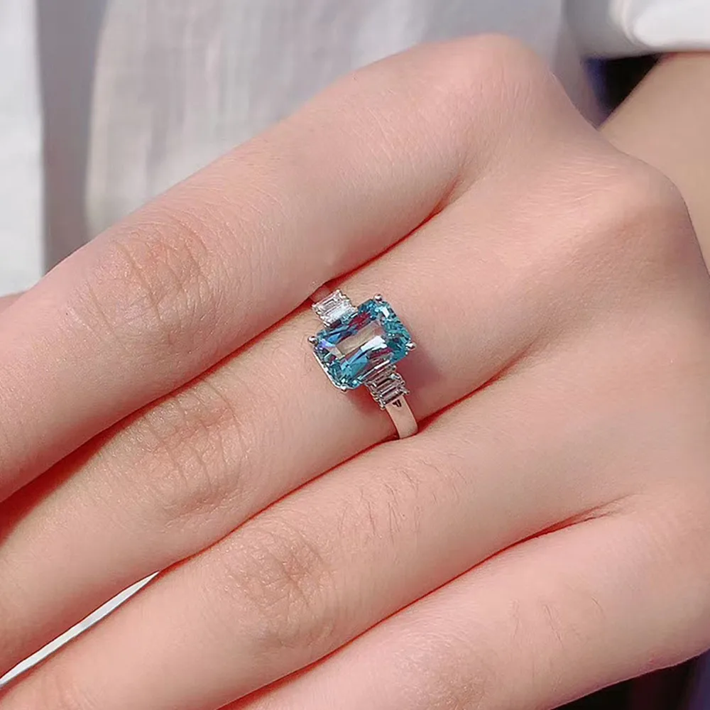 

Fashion blue crystal aquamarine topaz gemstones diamonds rings for women white gold silver color jewelry bague bijoux gifts new