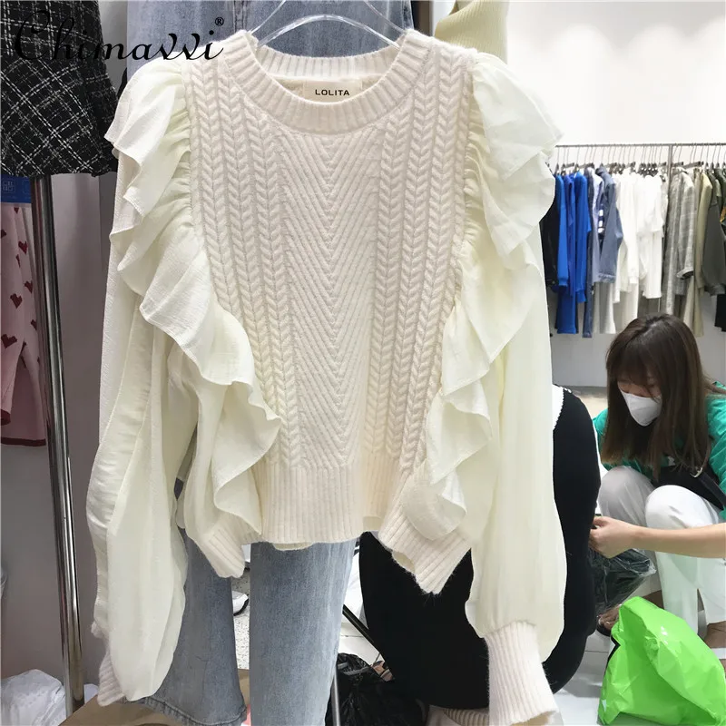 

2021 Autumn Women Clothing New Fashion Mesh Long Sleeve Patchwork Ruffled Knitted Pullover Loose Slim Sweet Elegance Sweater