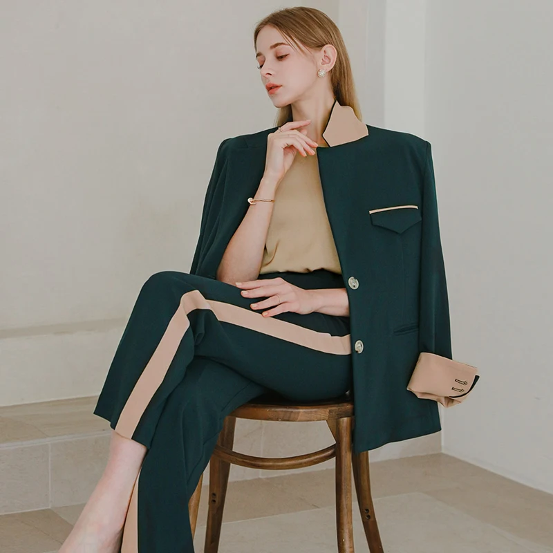 Office Elegant Women's Two-Piece Suit  Autumn/Winter Trouser Suits Fashion Color Block Blazer Jacket Slim High Waist Pants enlarge