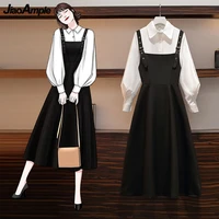 womens falls two pieces dress set 2021 spring autumn office lady graceful puff sleeve shirtlong skirts suit basic outfits