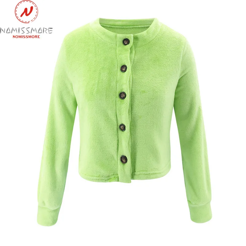 

Fashion Women Autumn Winter Plush Coat Single-breasted Decor O-Neck Long Sleeve Solid Color Slim Short Top for Streetwear