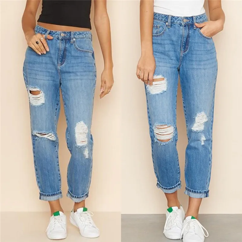 High Waist Jeans Fashion Streetwear Womens Solid Color Hole Pocket Button Zipper Denim Slim Fit Skinny Nine Pants E15 | Женская одежда