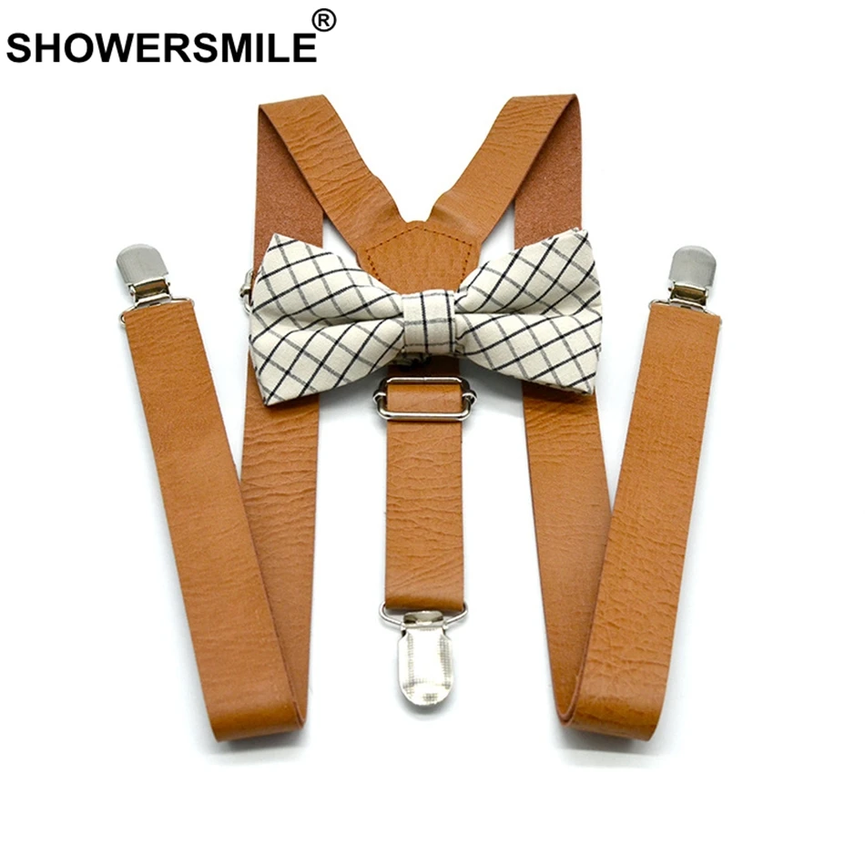 Мужские и женские кожаные подтяжки Shower Smile цвета хаки с галстуком бабочкой