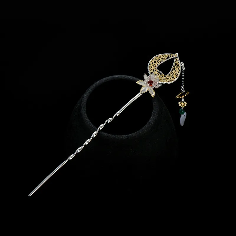 

Bastiee S925 Sterling Silver Hair Stick Jade Flower Tassel Headdress Step Shake Luxury Jewelry Chinese Ancient Accessories
