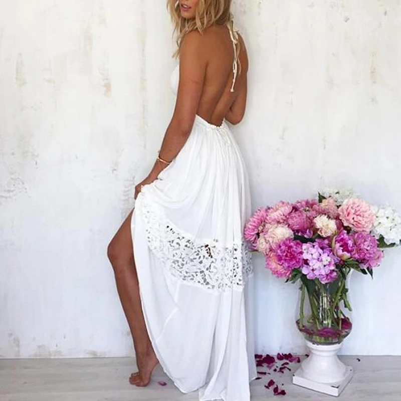 Summer Sexy Deep V-Neck Long Dress Spaghetti Strap Backless High Split Sundress Women Sleeveless Lace Patchwork | Женская одежда