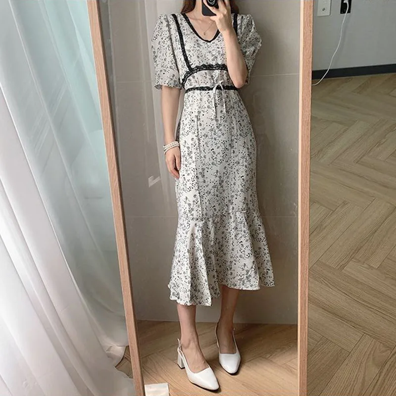 Vestido de gasa de una pieza con cuello en V para mujer, novedad de verano 2021