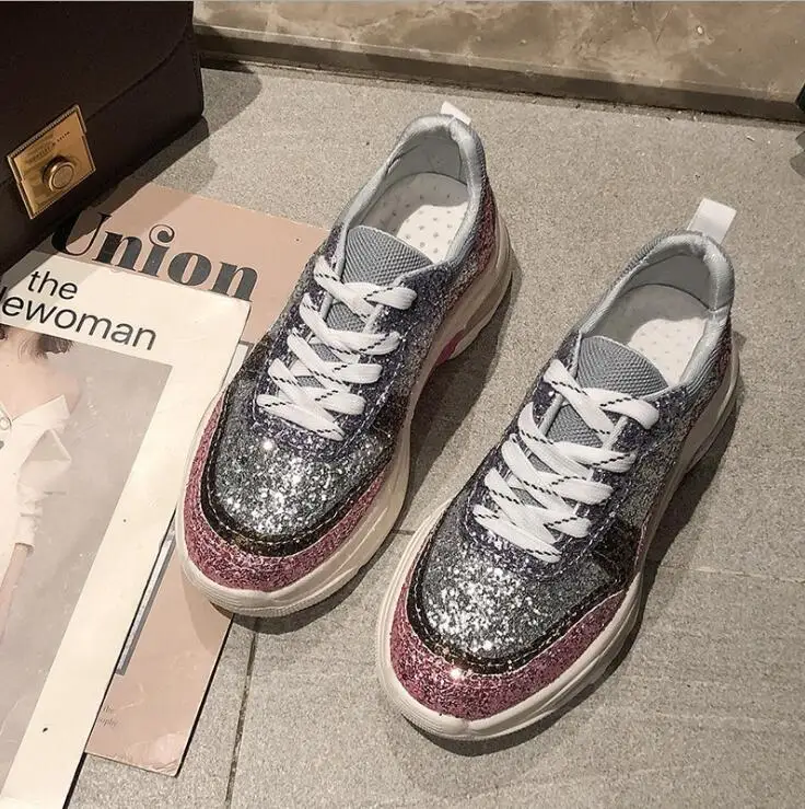 Прямая поставка женский Блестящий на платформе кроссовки модные женские ботинки