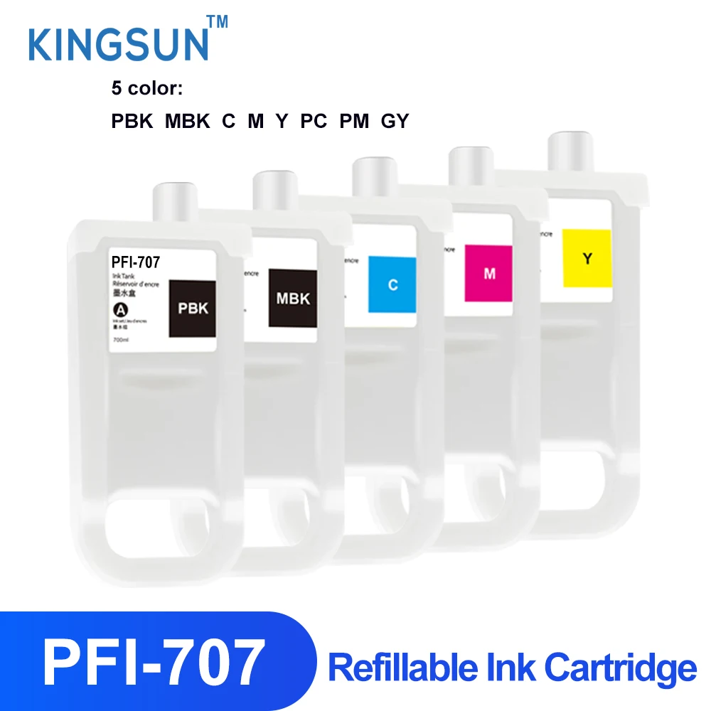 

5 color/set PFI-707 PFI707 PFI 707 Refillable Ink Cartridge With Permanent Chip For Canon IPF830 IPF840 IPF850 Printer 700ML