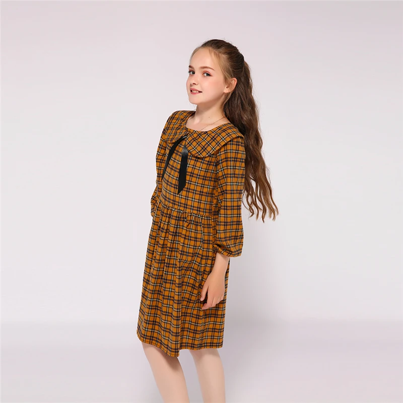 Kseniya Kids Wholesale Peter Pan Collar Bow Plaid Girl Dress Long Sleeve For 2 to 9 Years