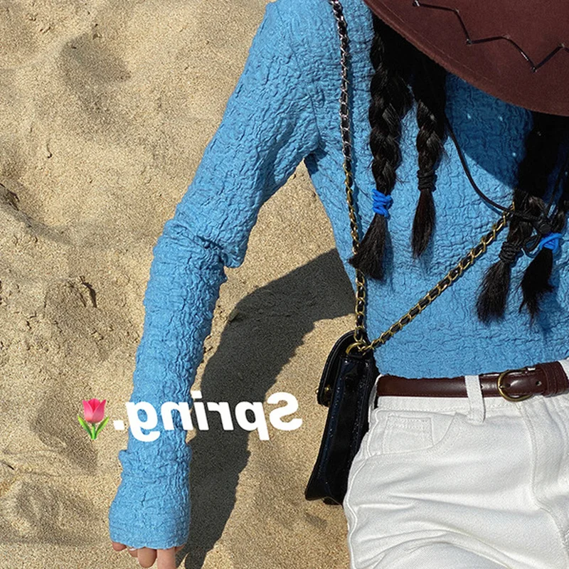 

Slim 2021 Spring New Slim Temperament Long Sleeve Round Neck Chic Pleated Bottom T-shirt Blue Fashion Hollow Short Slim Top