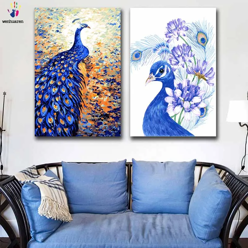 Цветные рисунки для раскрашивания по номерам "Королева павлинов" с рамкой для домашнего декора, две части.