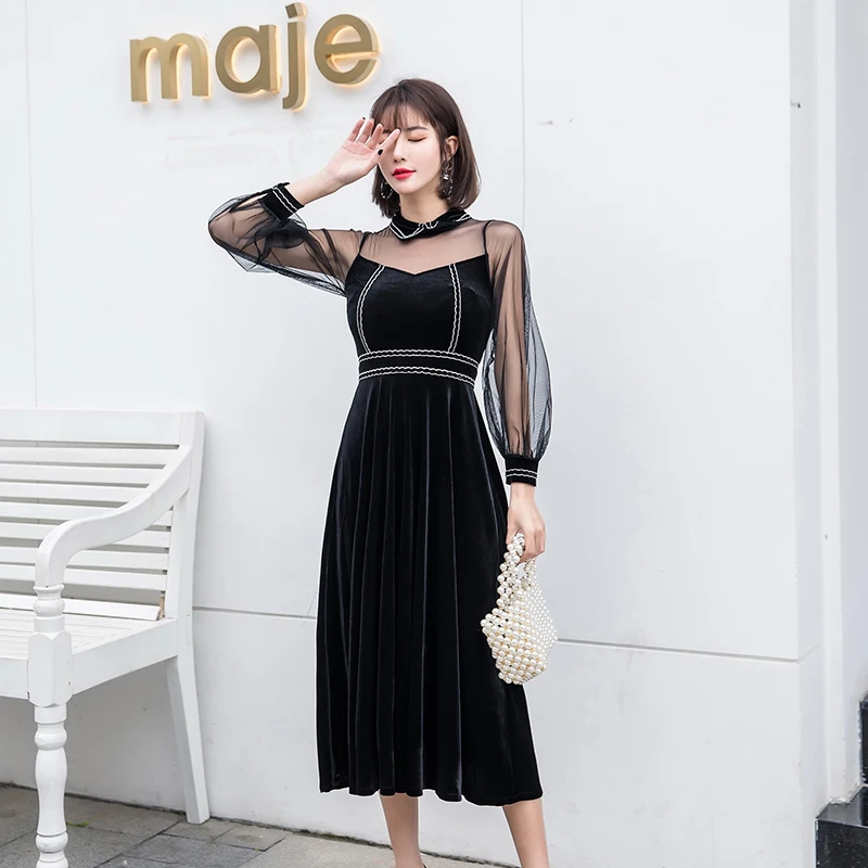 2019 Новое Осеннее женское платье с длинными рукавами в стиле пэчворк сетки