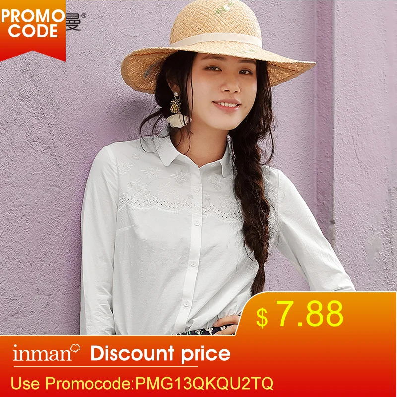 INMAN 2019 весенняя одежда хлопковая с отворотом вышивкой длинным рукавом блузка