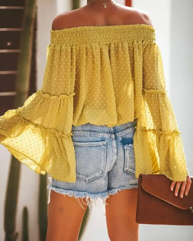 Женская шифоновая блузка с открытыми плечами рубашка рукавами-фонариками лето